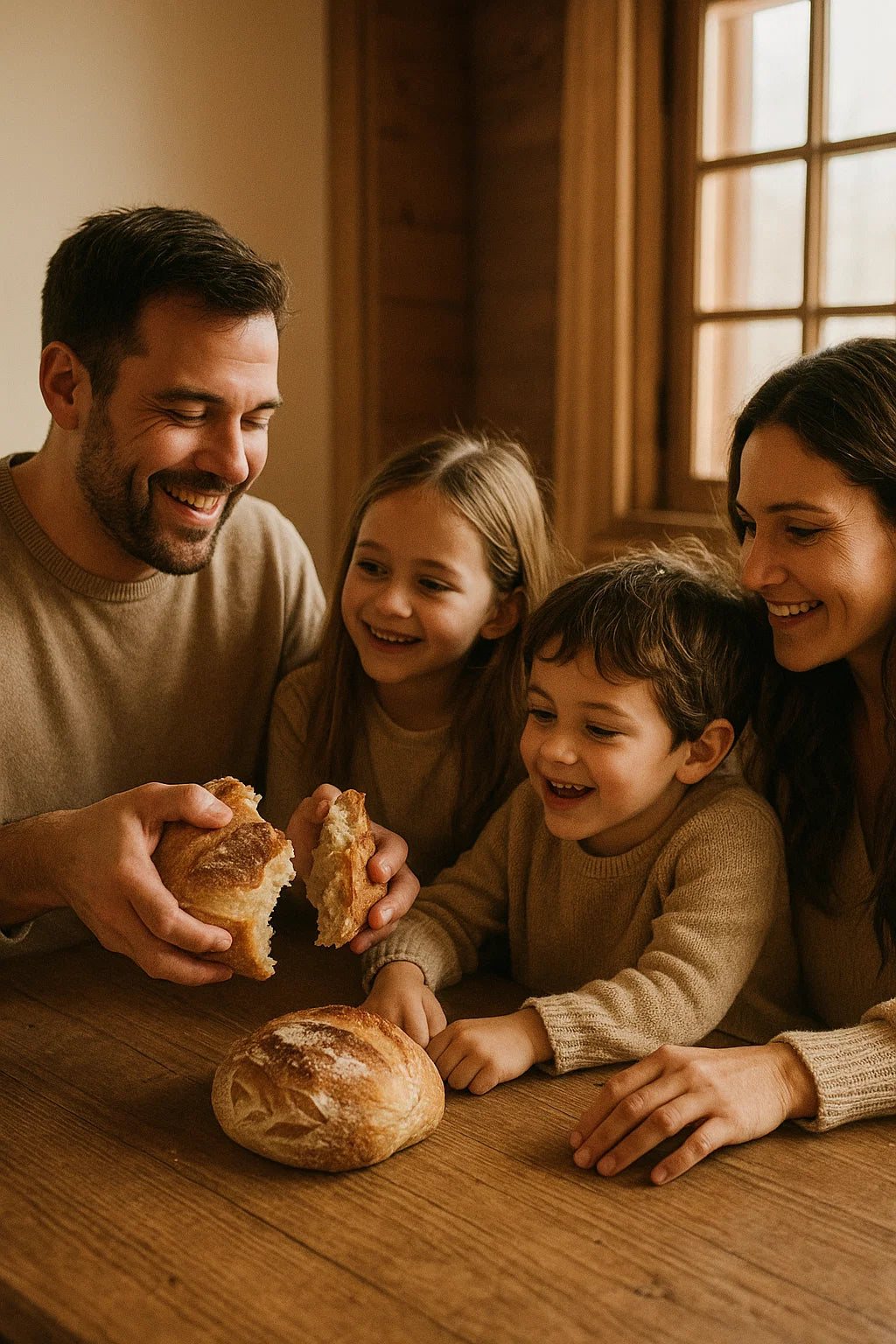 Família a partilhar pão artesanal da Padaria Vila Fresca